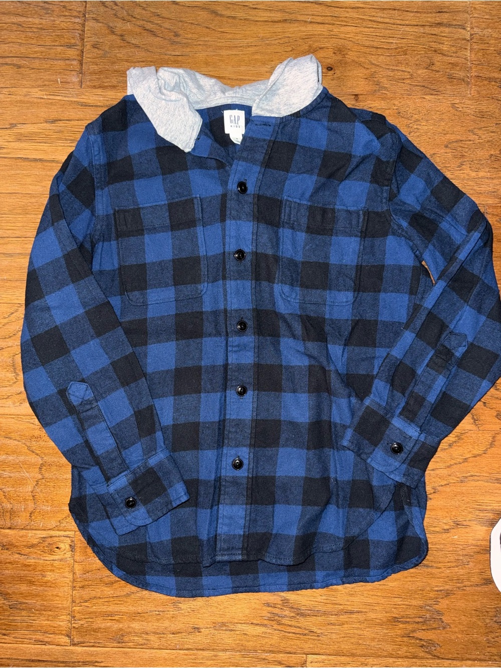 GAP Boys Blue and Black Plaid Hooded Button-Down Shirt